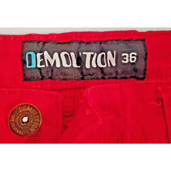 Demolition Capri Jeans Mens 36 Red Denim Stacked Zipper Five Pocket Y2K Grunge - Picture 5 of 8